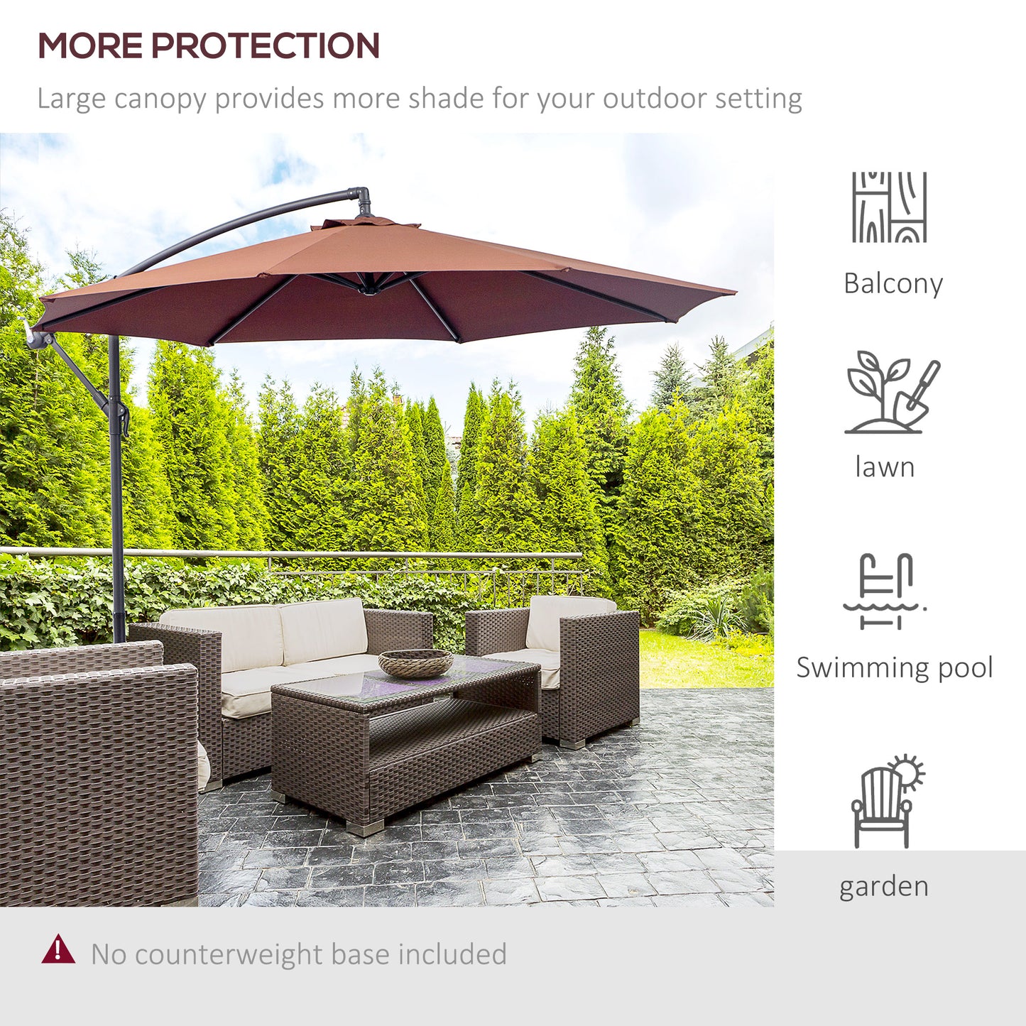 Brown cantilever patio umbrella offering large shade over outdoor furniture