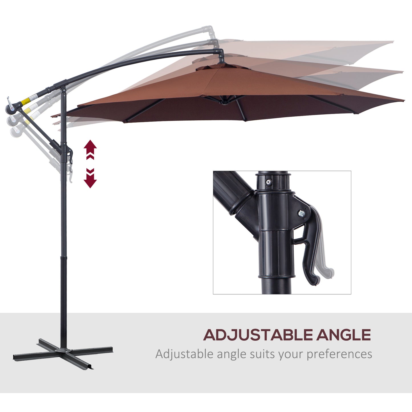 Brown cantilever patio umbrella with adjustable angle mechanism and crank handle