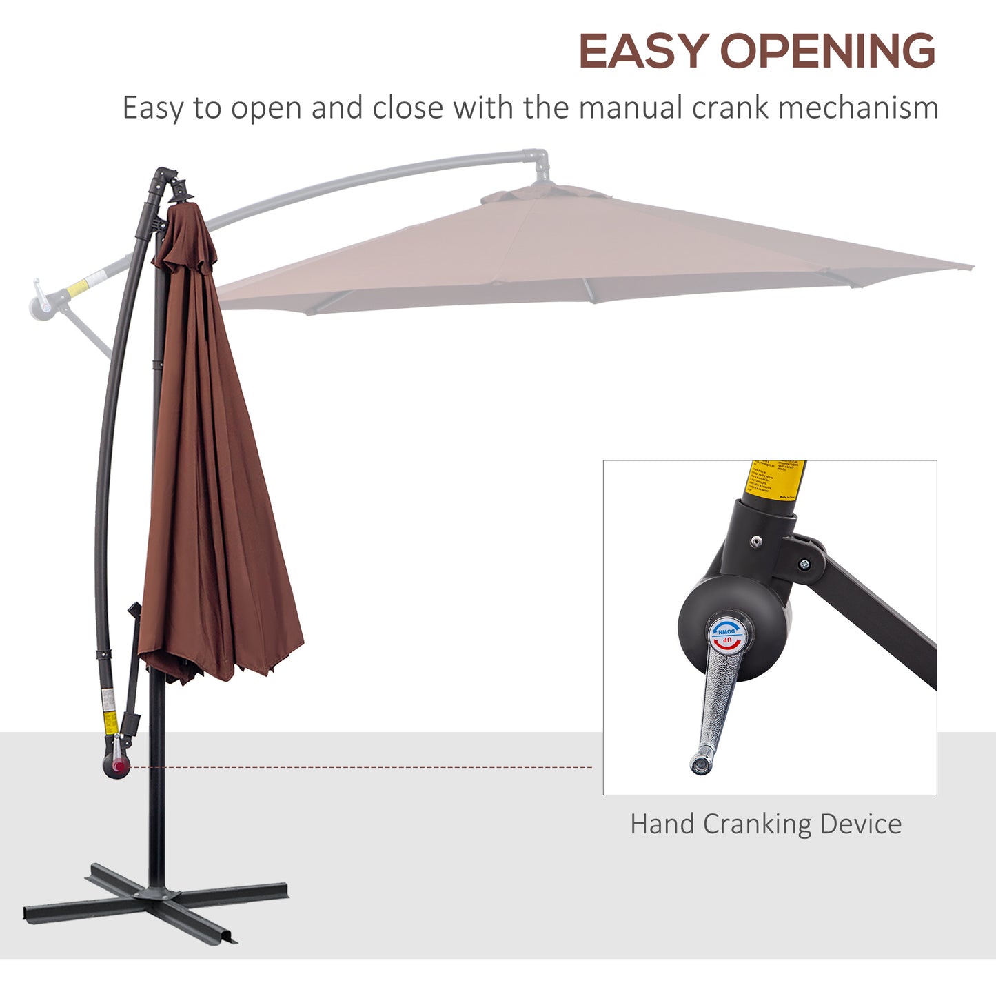 Brown patio umbrella with manual crank mechanism shown in closed position