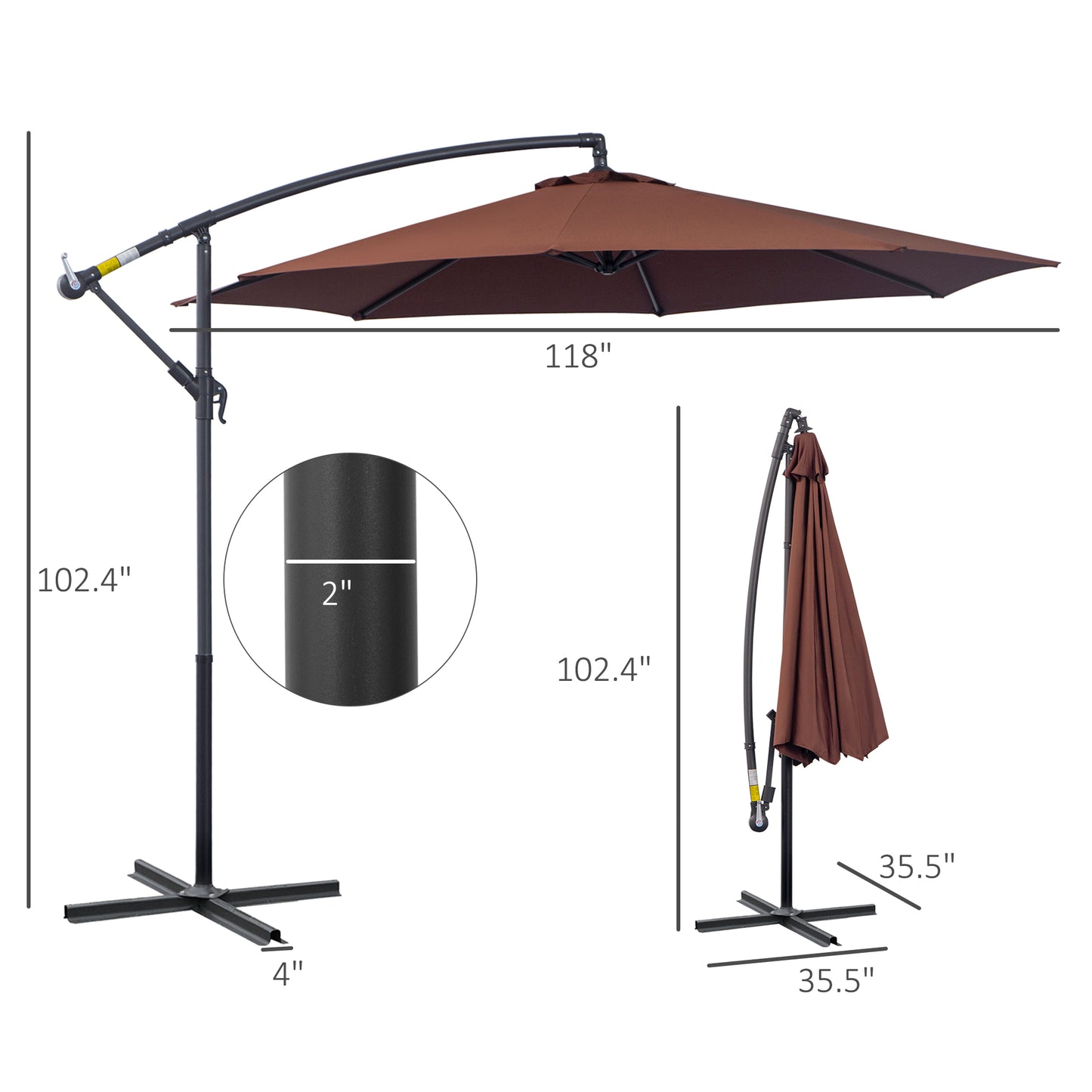 Brown cantilever patio umbrella with inch canopy and inch height