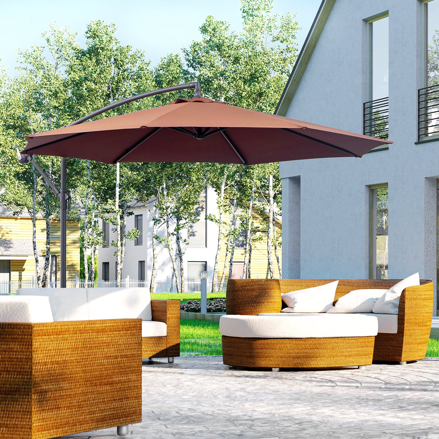 Brown cantilever umbrella providing shade for patio furniture characters