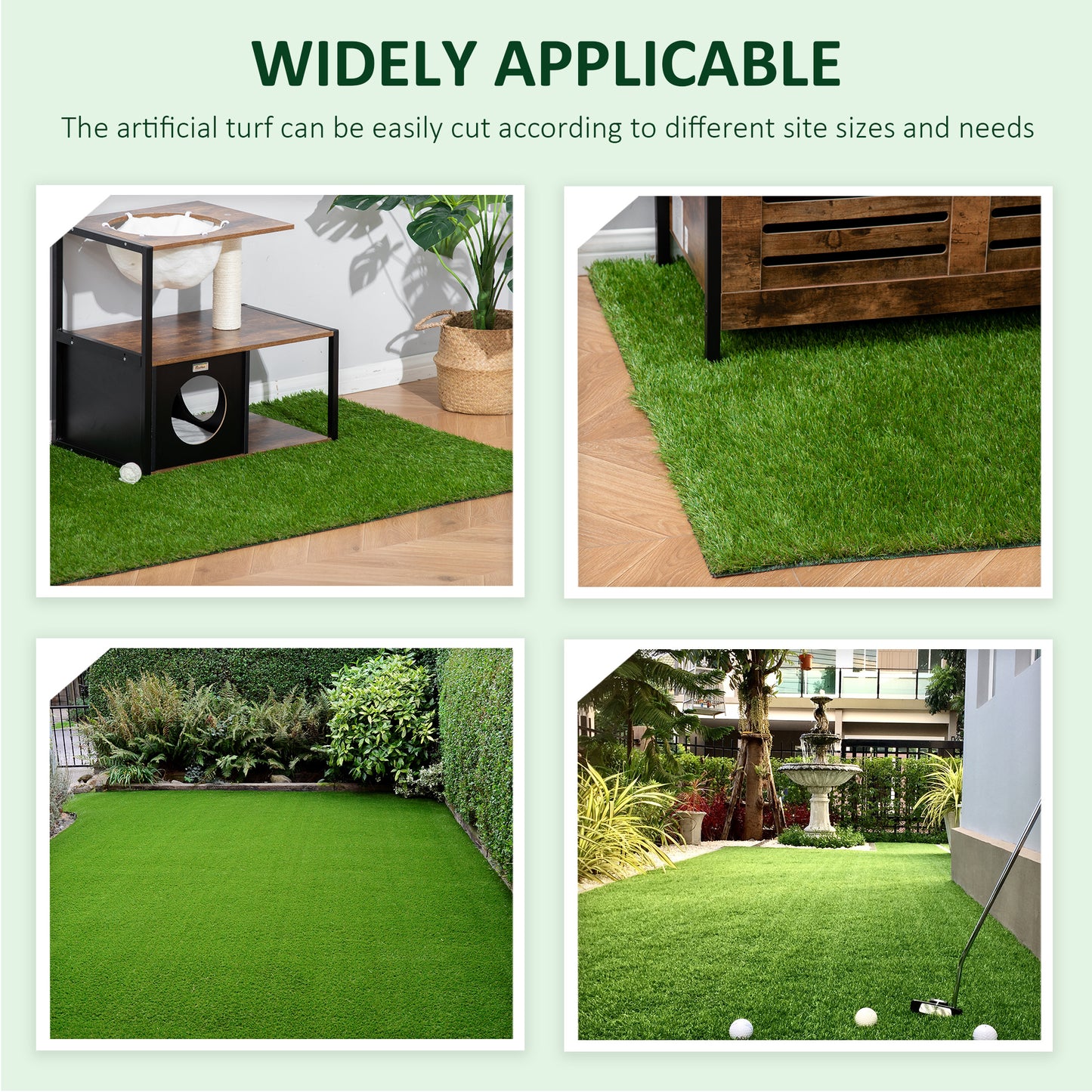 Realistic green artificial turf laid on a wooden floor beside a cat tree