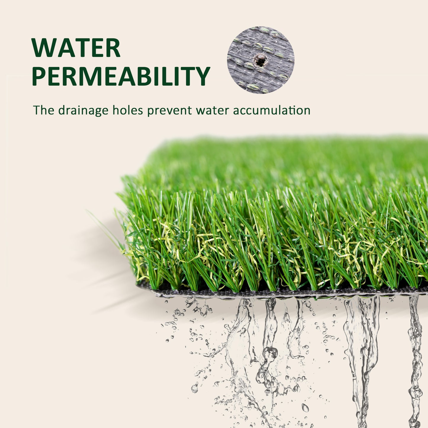 Realistic artificial grass sample showcasing excellent water permeability and drainage holes for lawn use