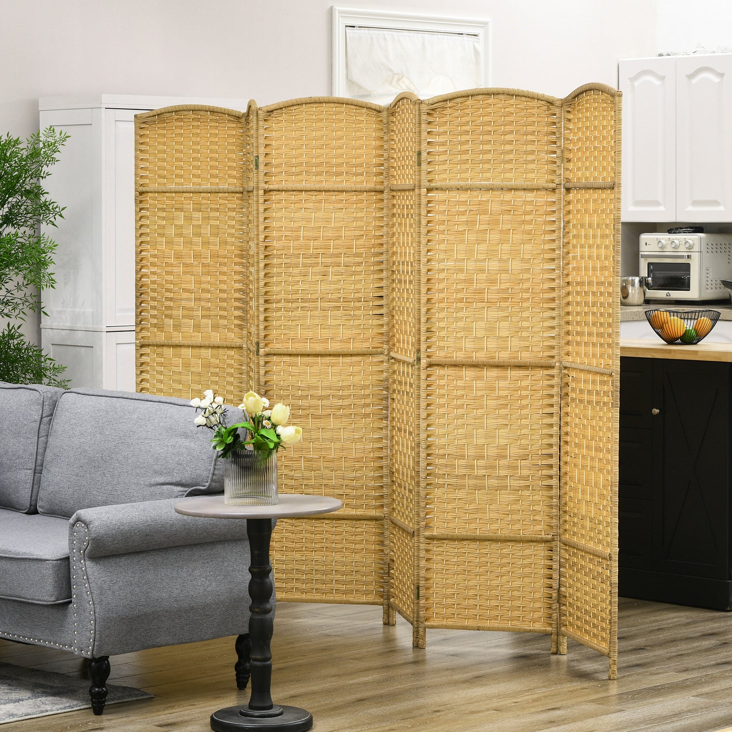 Natural rattan room divider panels woven texture provides privacy and defines spaces