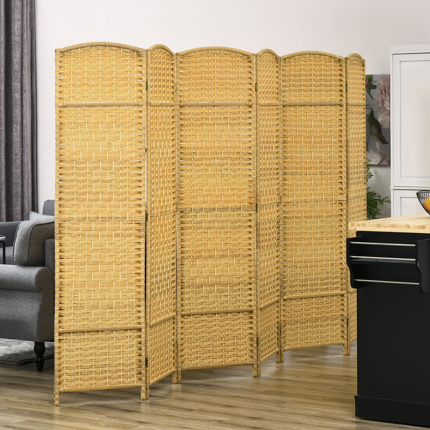 Natural woven rattan panel room divider offering privacy and decorative appeal