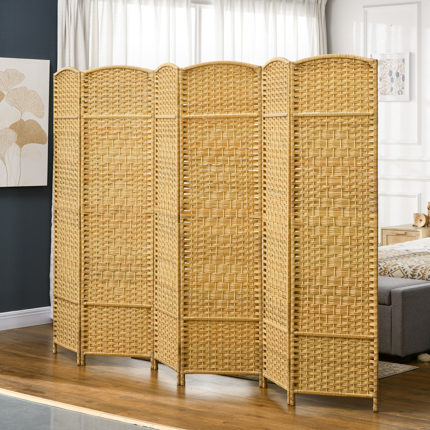 Natural rattan room divider with arched top panels and intricate weave detail