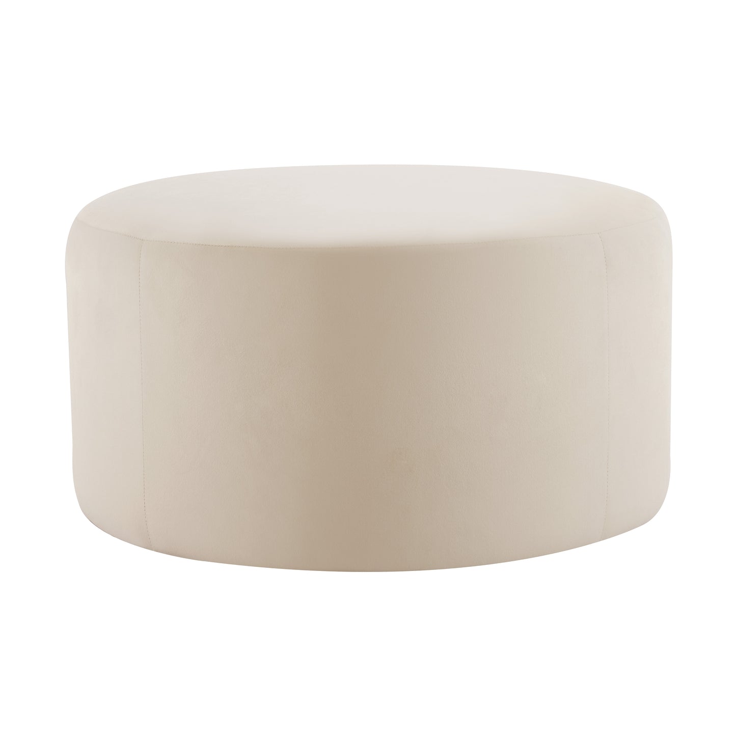 Soft beige velvet round ottoman with stitched seams ideal accent seating