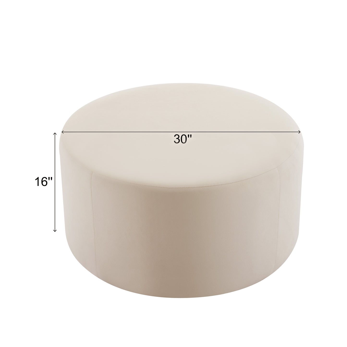 Round beige velvet ottoman with inch diameter and inch height