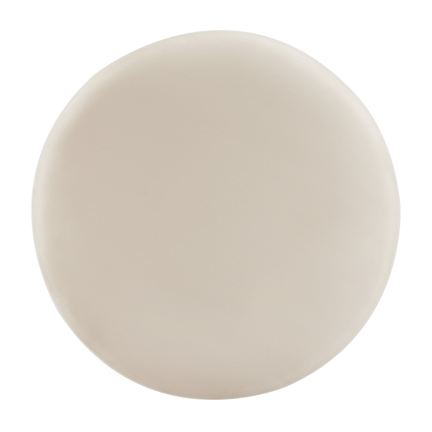 Light beige round leather ottoman with subtle stitching details