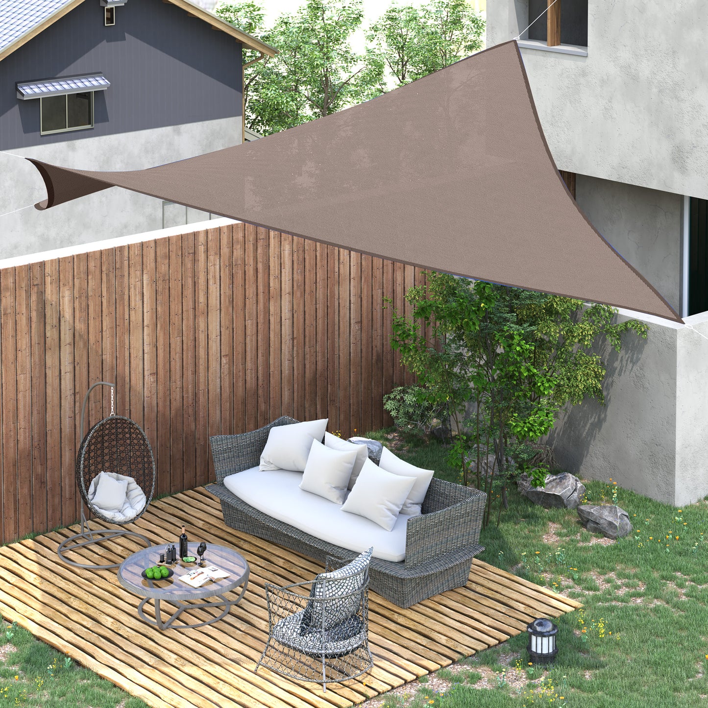 Triangle shade sail in taupe perfect for patio and garden sun protection