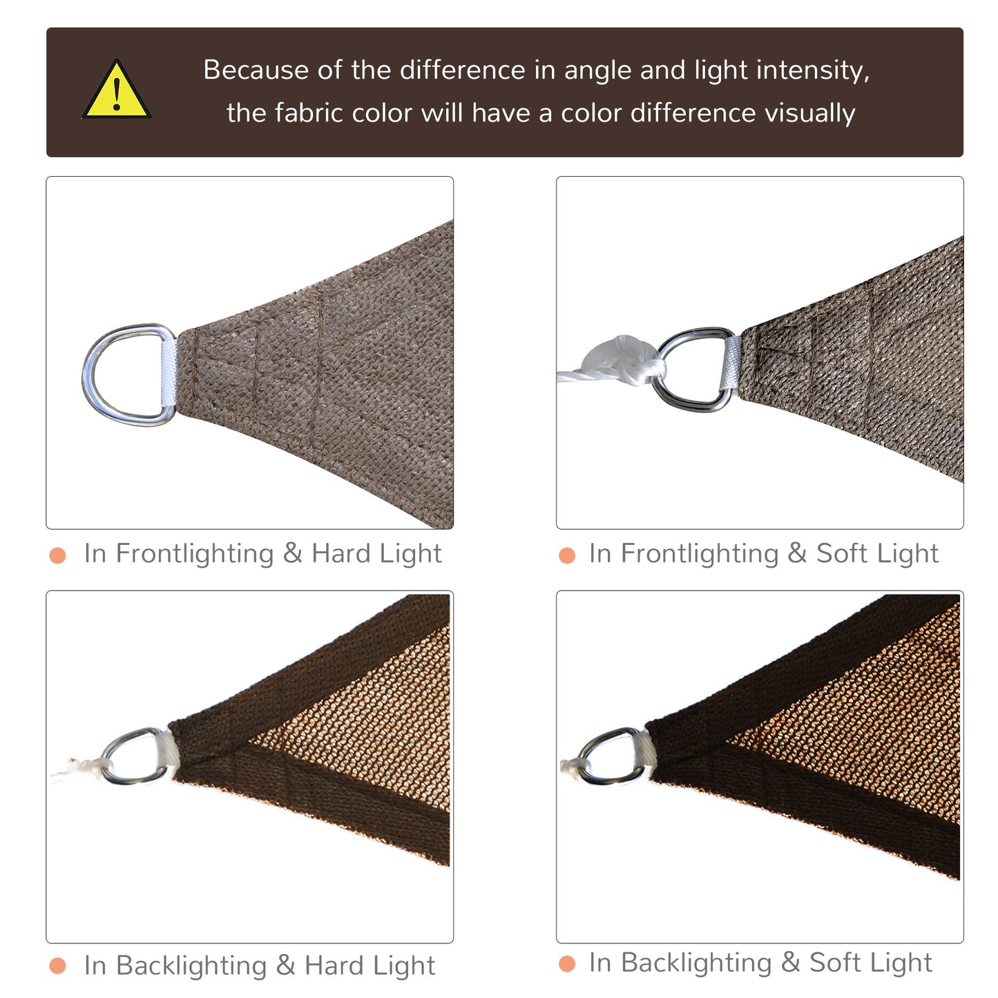 Brown shade sail with Dring attachment shown in front lighting and hard light conditions