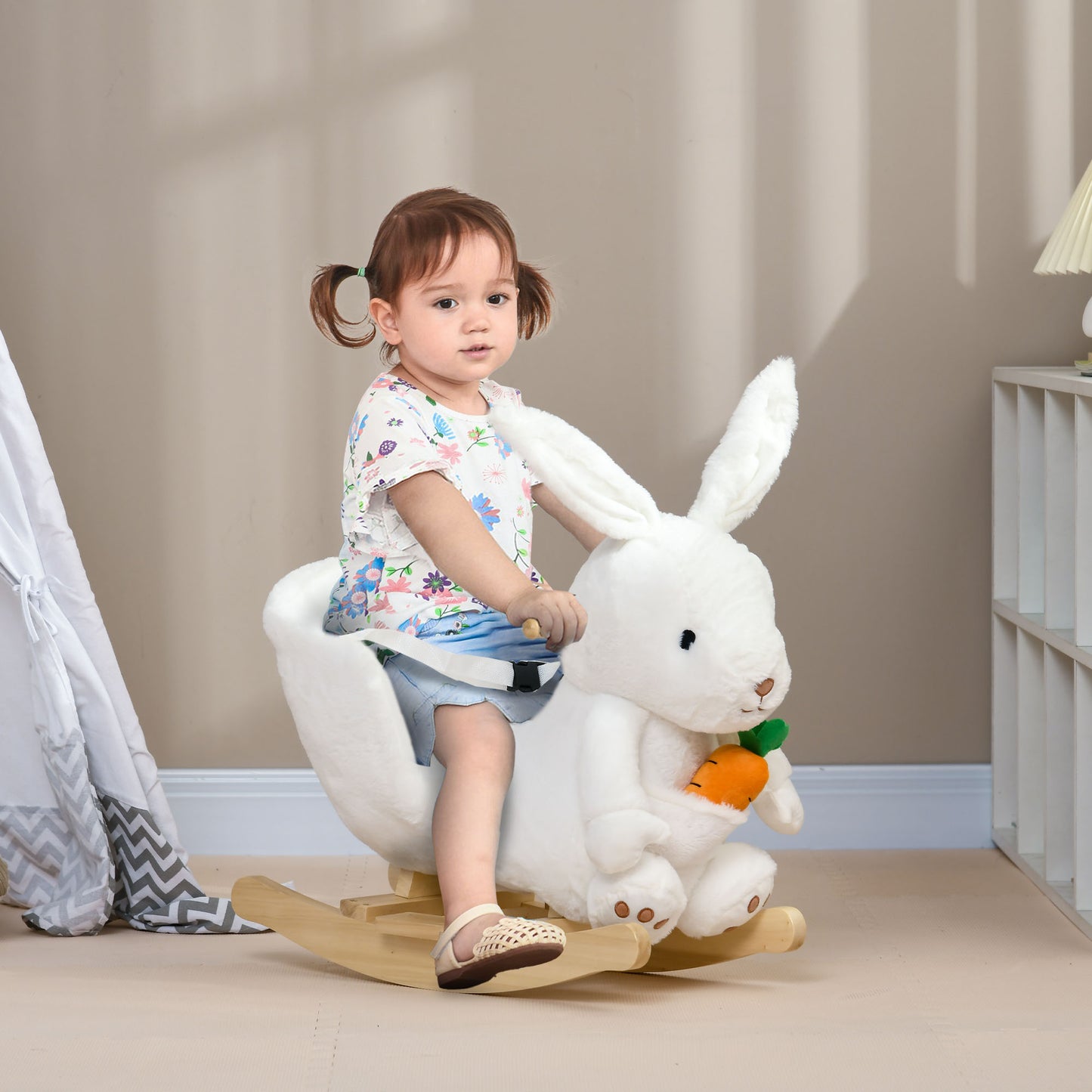 White plush bunny rocker with carrot and safety belt for toddlers