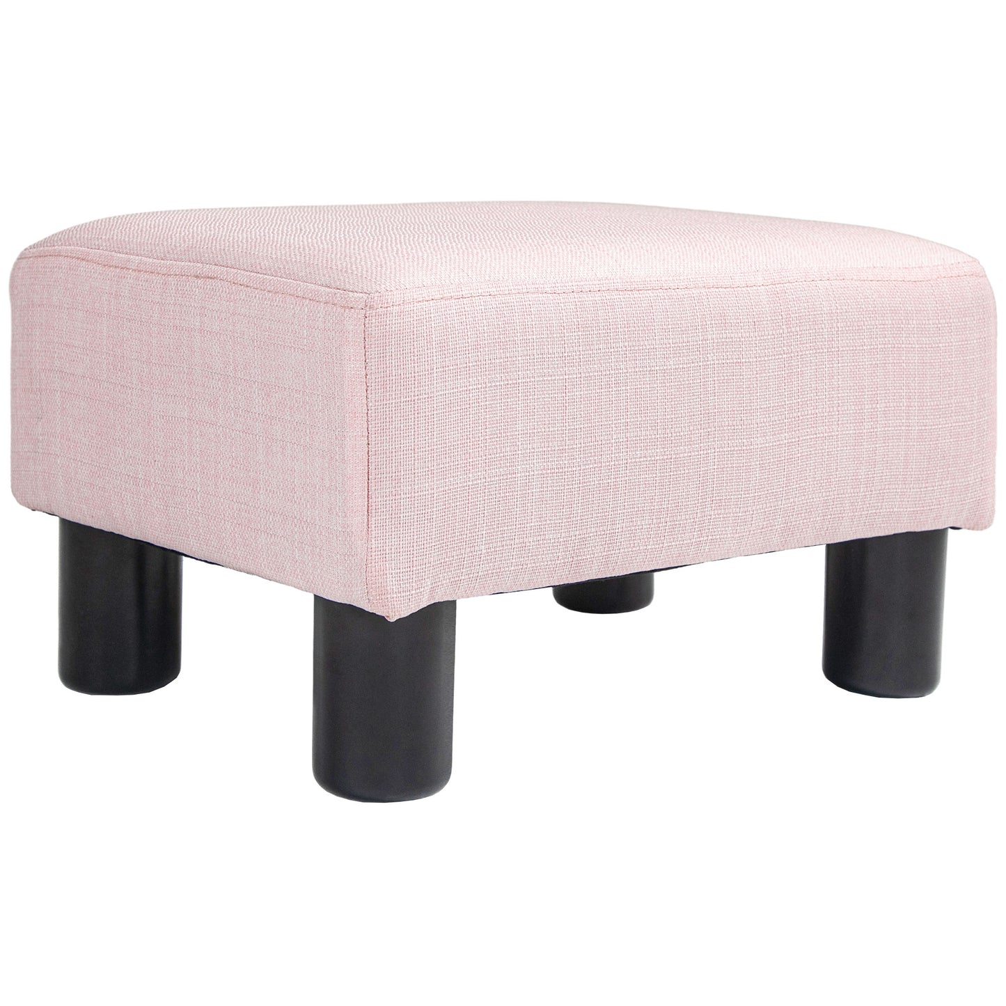 Pink textured fabric ottoman with four black tapered legs for footrest