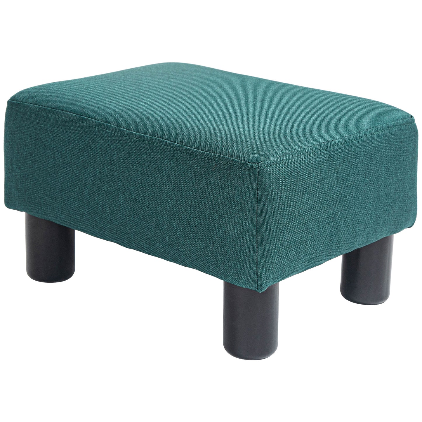 Teal fabric ottoman with modern dark wood legs perfect as a footrest or extra seating