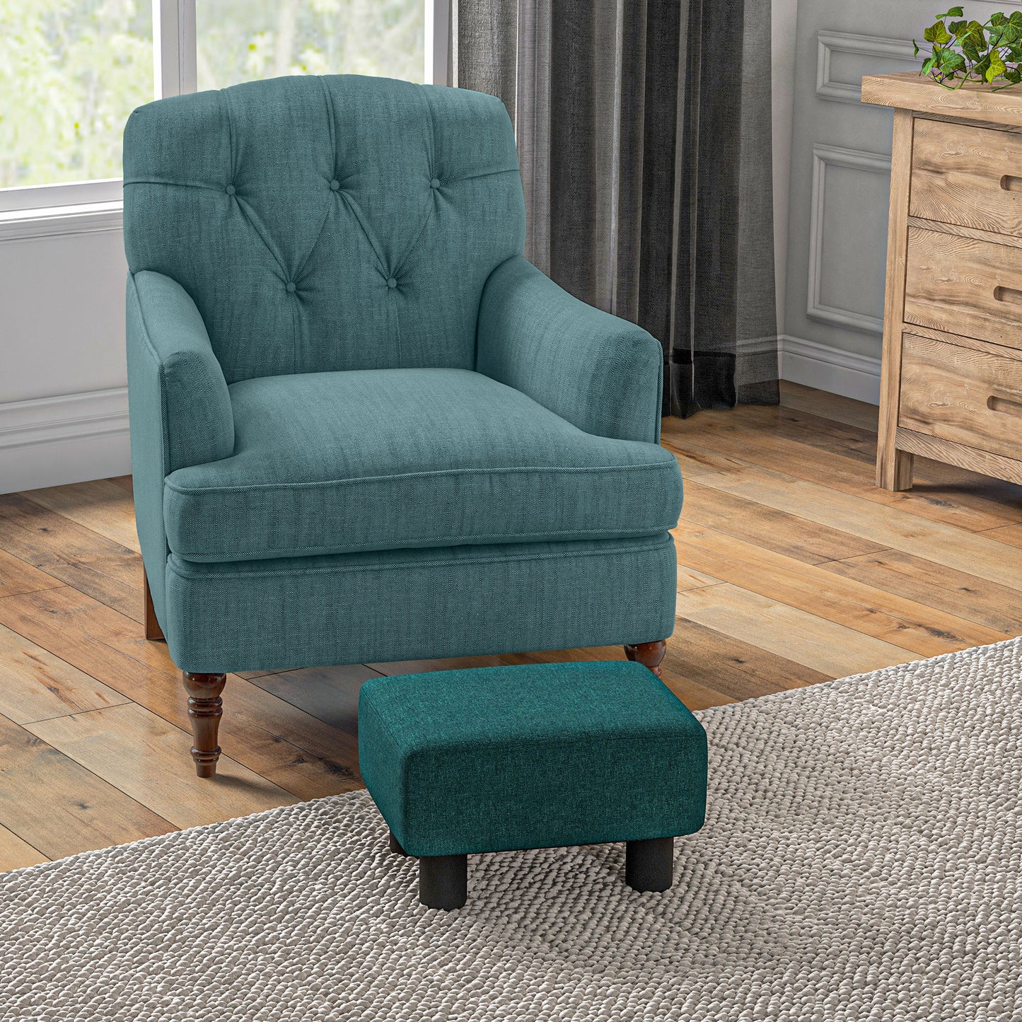 Teal tufted accent chair with matching ottoman cozy living room furniture