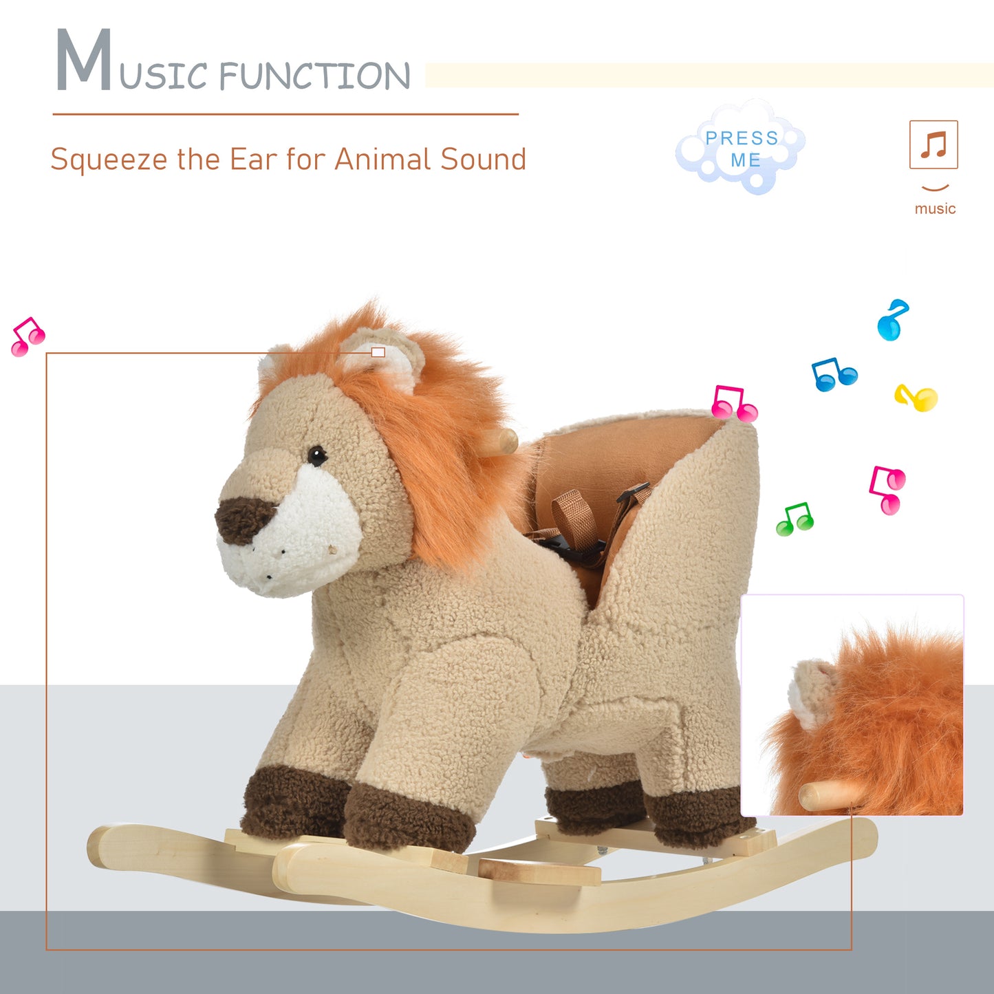 Plush lion rocking horse with music function and safety harness for toddlers