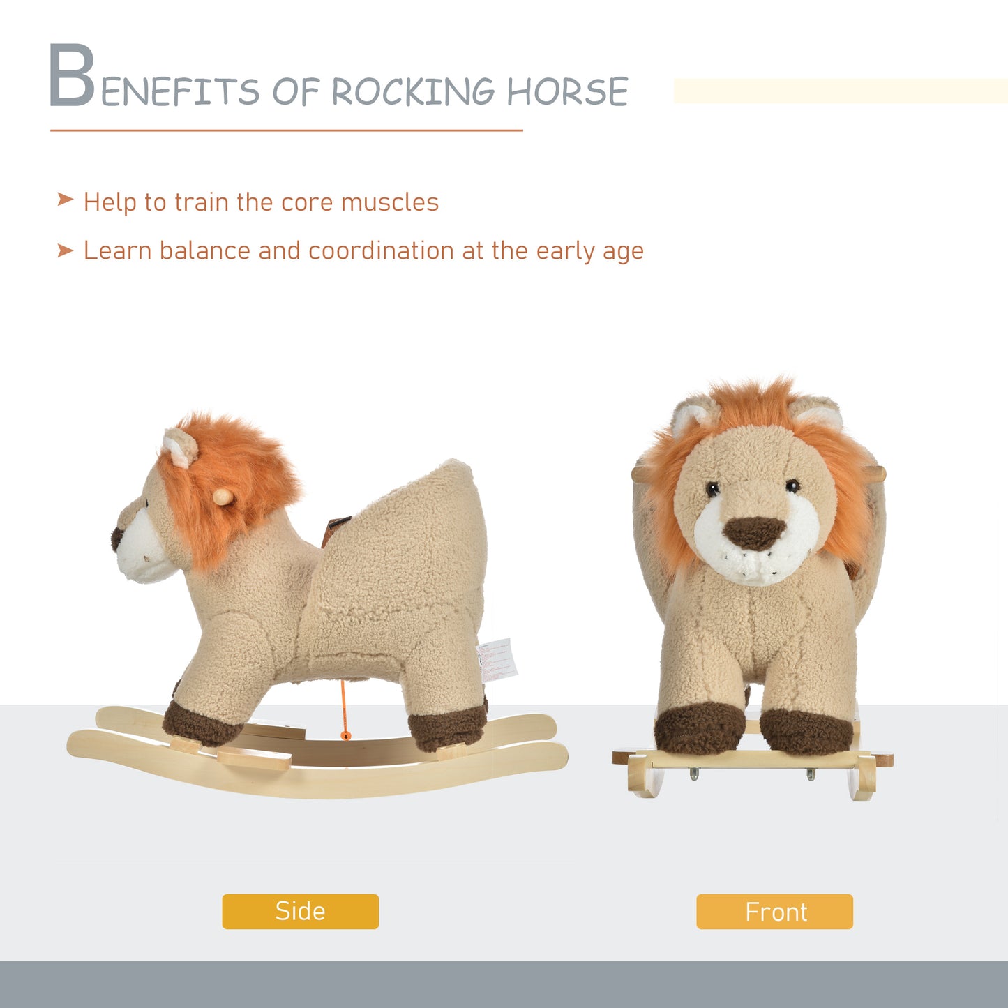 Plush tan lion rocking horse with orange mane on wooden rockers side view
