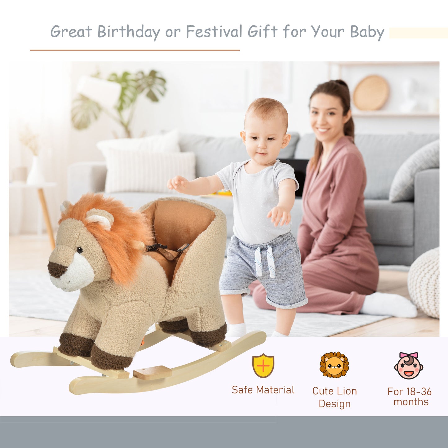 Plush lion rocking horse with wooden base soft brown seat and orange mane for toddlers