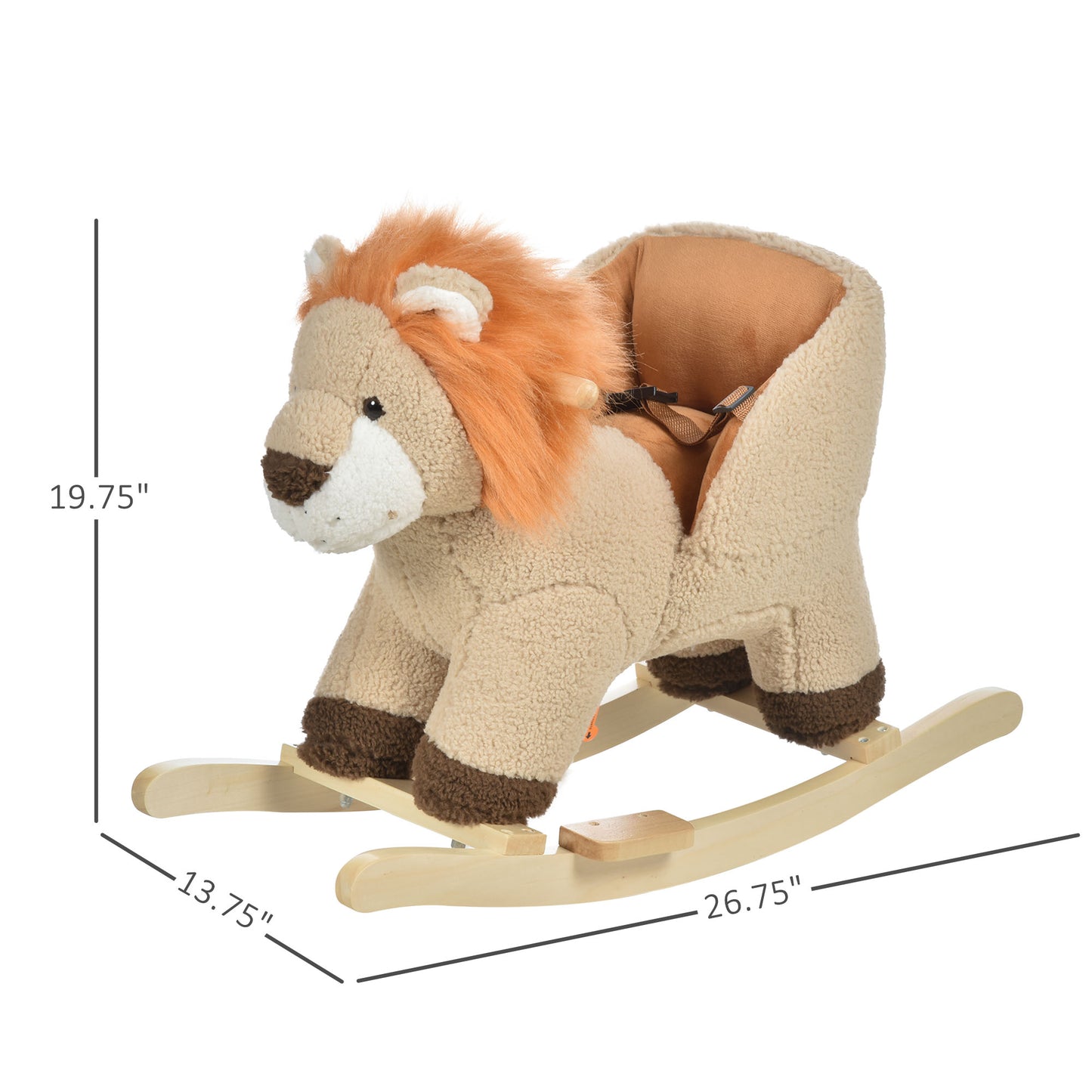 Plush rocking lion toy with soft beige fur orange mane and wooden rockers