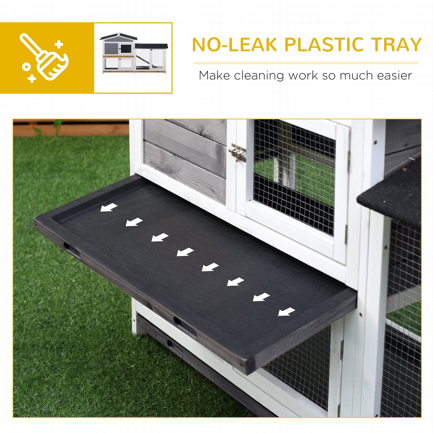 Closeup of a dark gray plastic tray with white arrows indicating its easyslide removal for cleaning a pet hutch