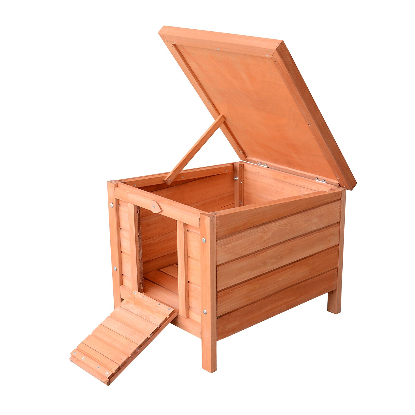 Wooden chicken coop with hinged roof and ramp ideal for backyard poultry