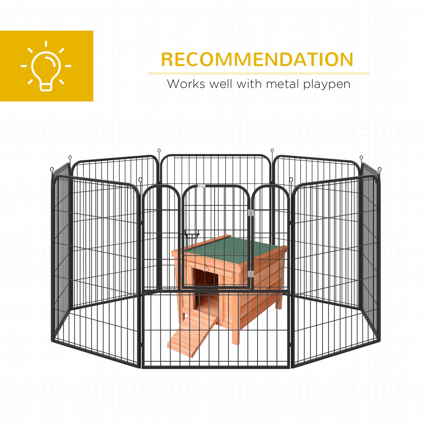 Octagonal wire dog playpen with a wooden hutch and ramp ideal for small pets