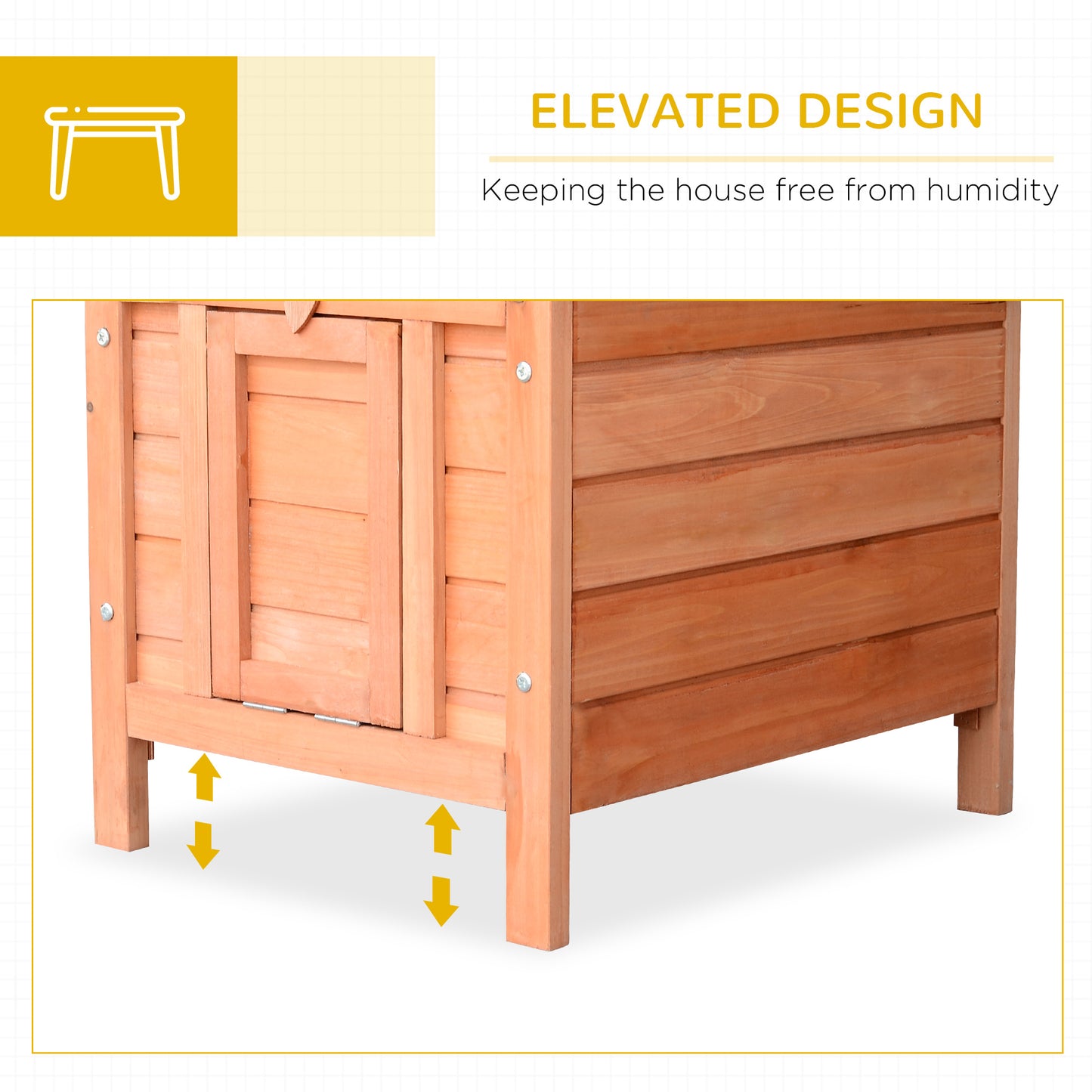 Wooden dog house with elevated legs for humidity protection