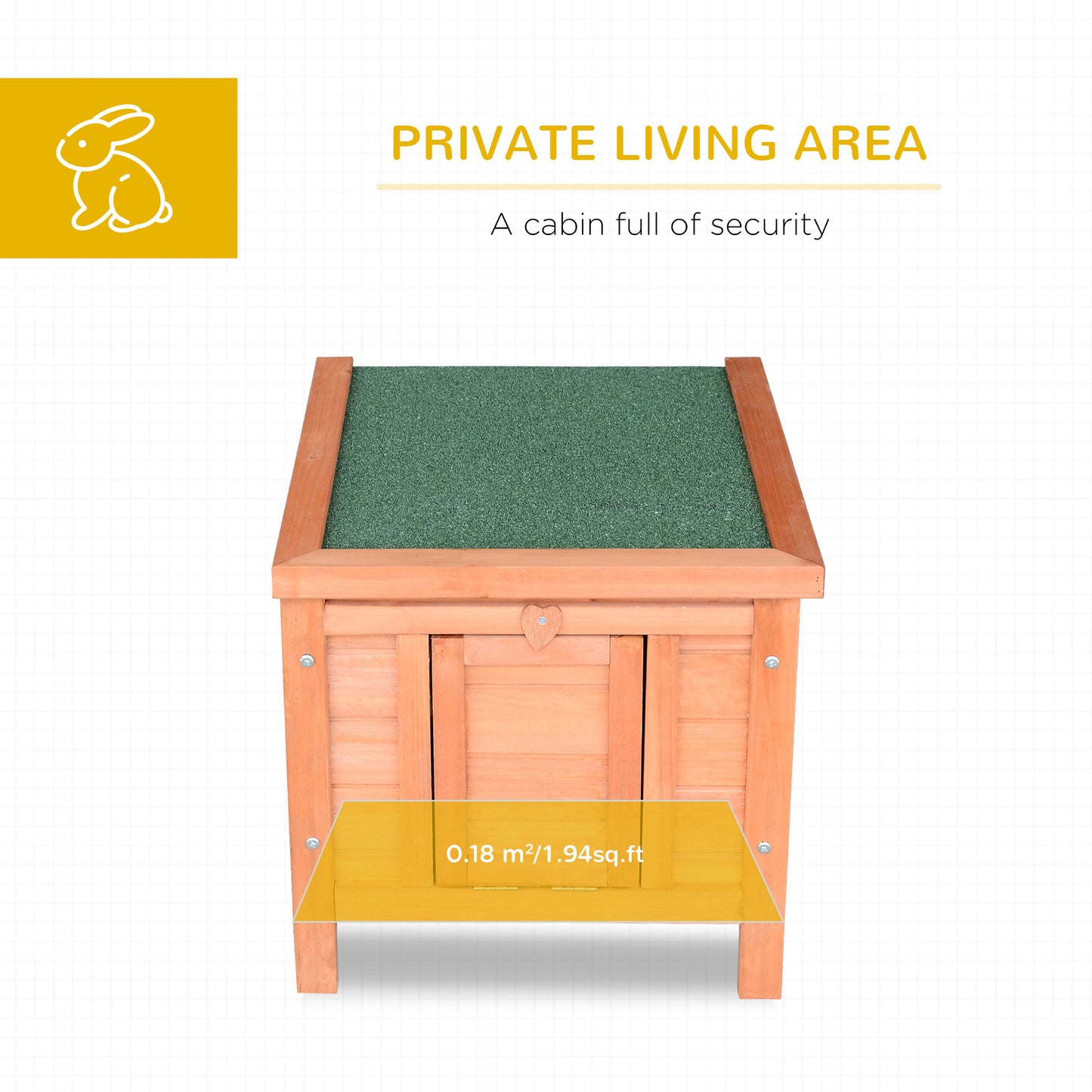 Wooden rabbit hutch with green asphalt roof and heartshaped latch