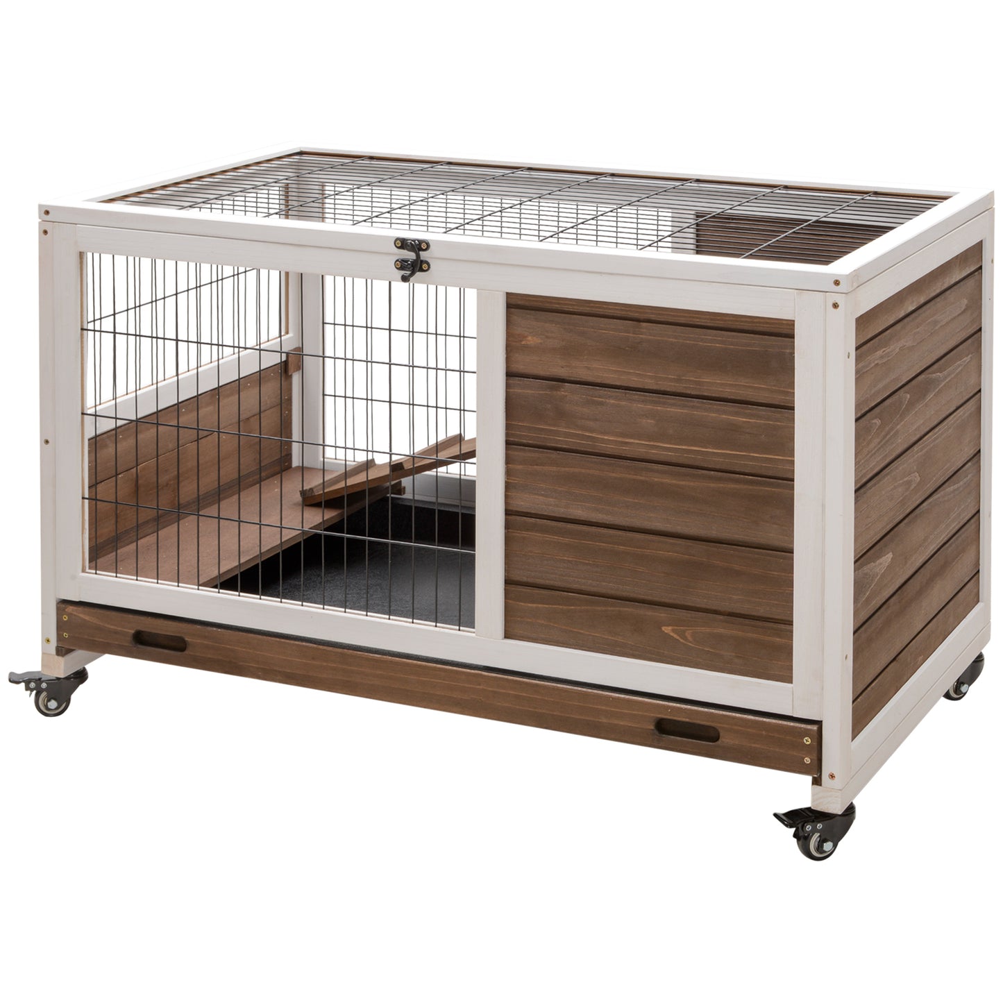 Modern rabbit hutch with white trim natural wood and wire mesh enclosure on wheels