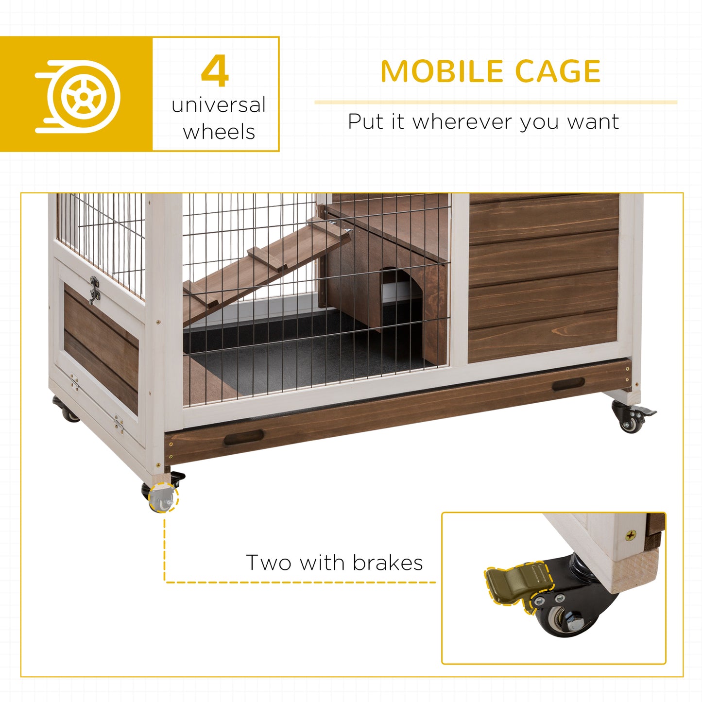 Wooden small animal cage with ramp and four universal wheels