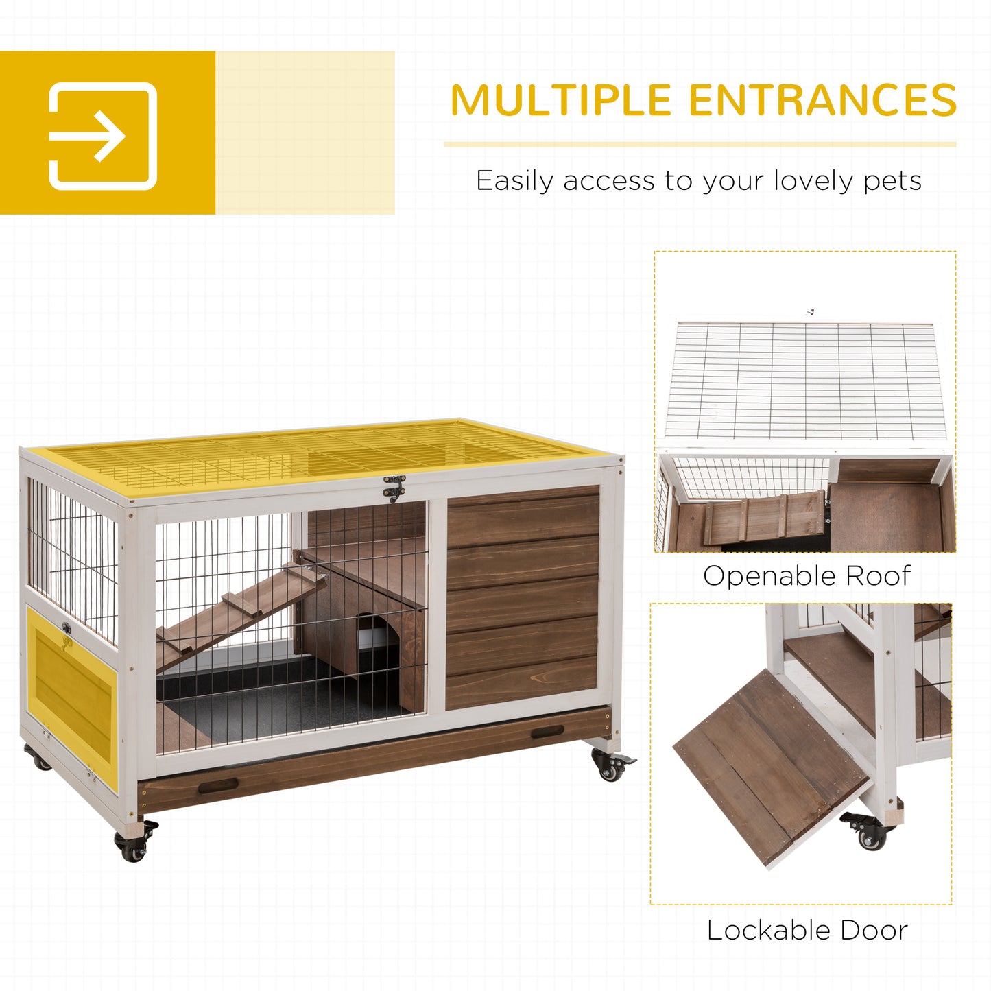 White and wood small animal cage with yellow accents and wheels