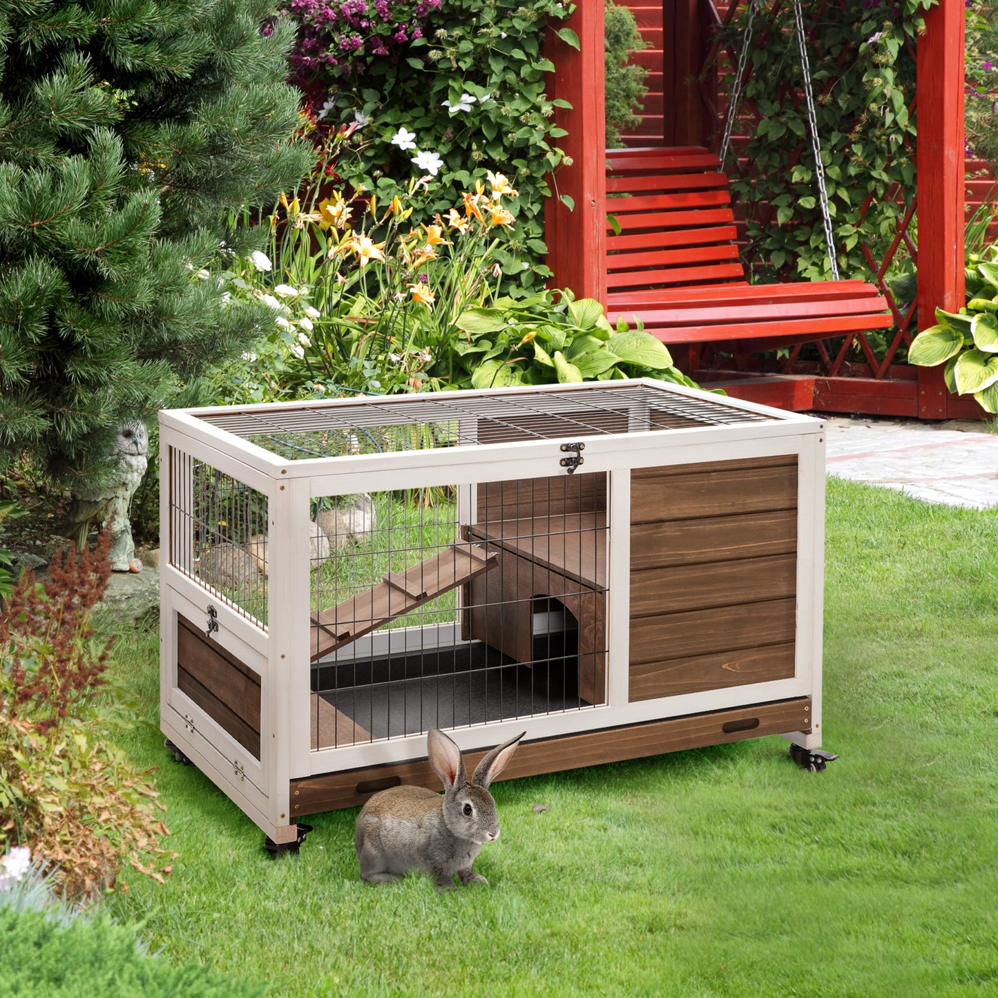 Large rabbit hutch with wooden panels metal wire mesh and a ramp designed for outdoor pet housing