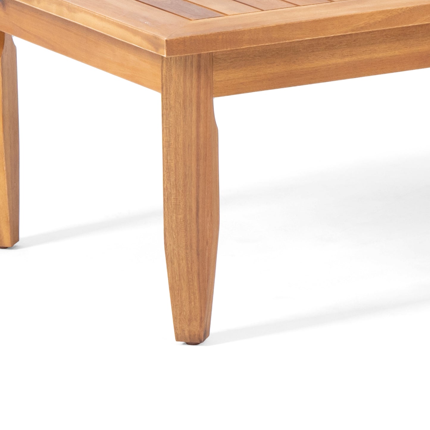 Natural wood patio coffee table legs and slatted top detail