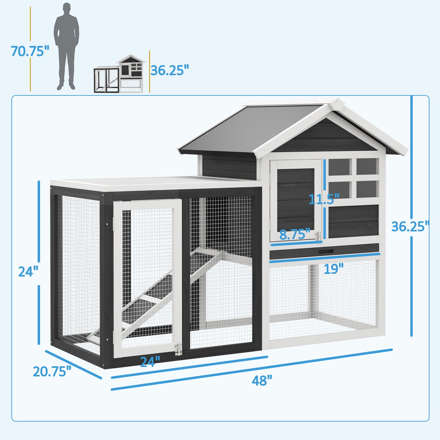 Twostory wooden chicken coop with wire mesh enclosure ideal for backyard pets
