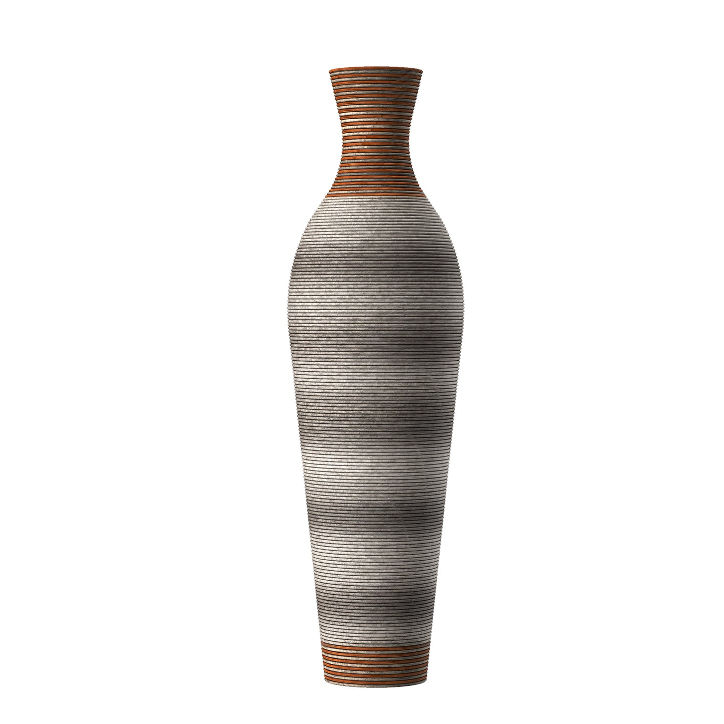 Tall slender vase with ribbed texture in grey and brown finishes
