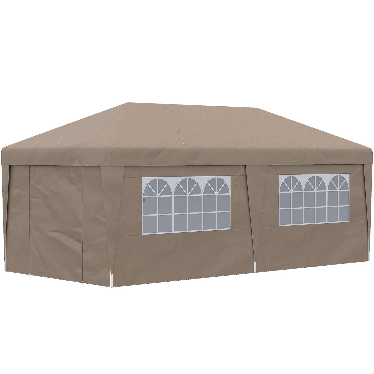 Taupe party tent with arched windows for outdoor events