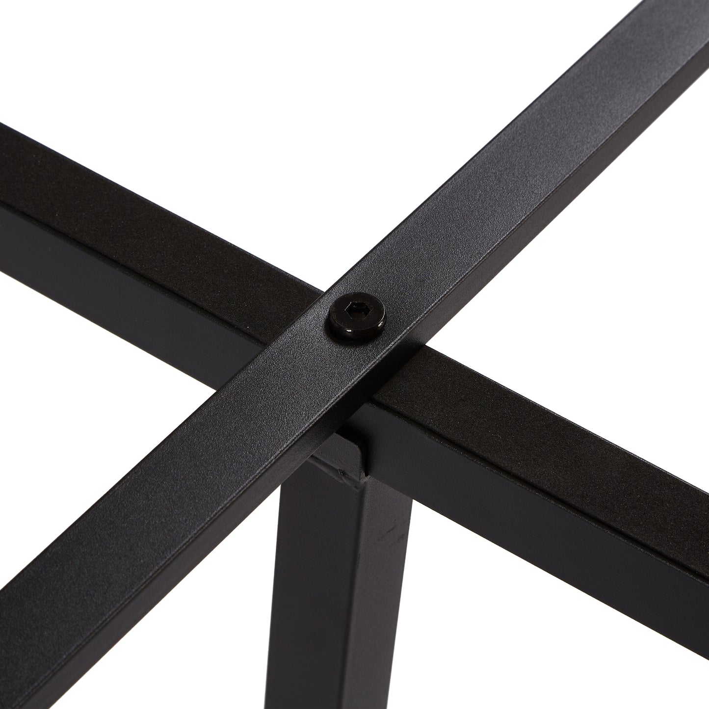 Closeup of black metal frame crossbar with visible screw assembly for sturdy bed foundation