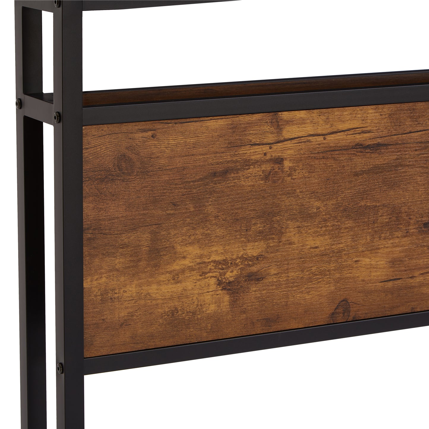 Rustic brown wood panel with black metal frame perfect for a modern industrial bedside table