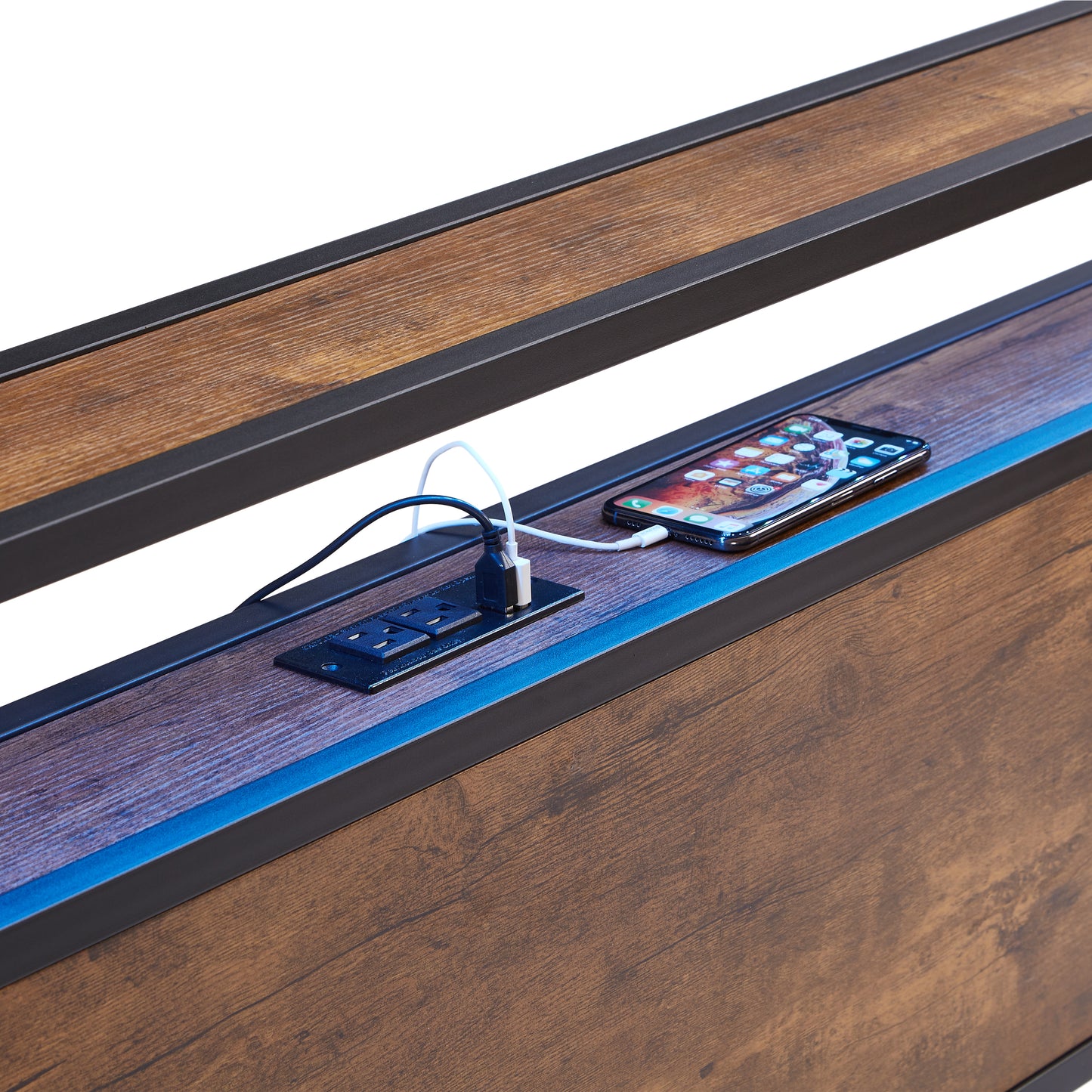 Rustic woodgrain shelf with integrated power strip and charging ports for convenient device charging