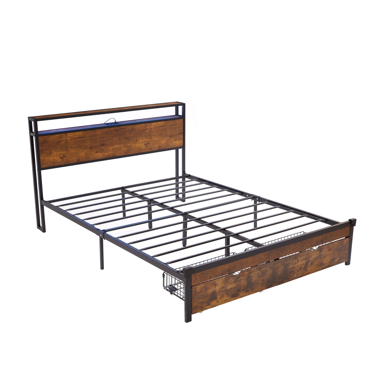 Industrial style queen bed frame with woodlook headboard and metal frame