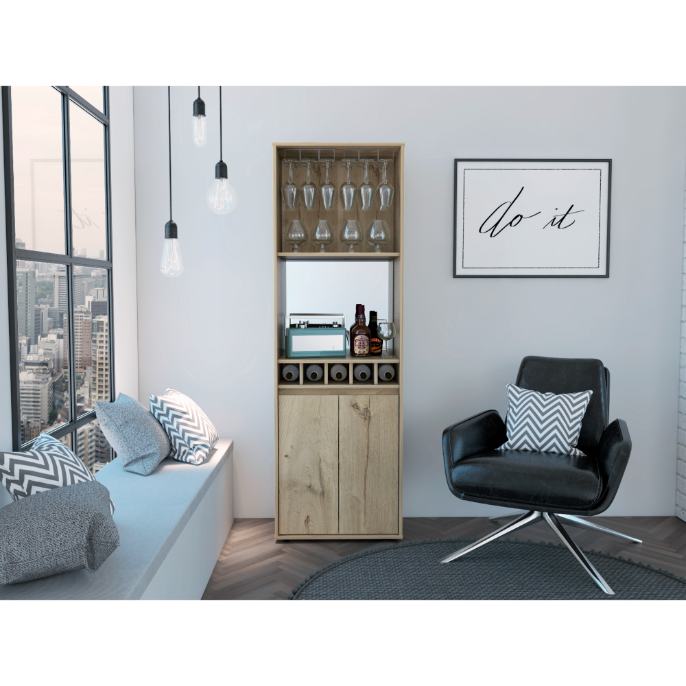 Modern oak wood bar cabinet with glass racks and wine storage perfect for entertaining