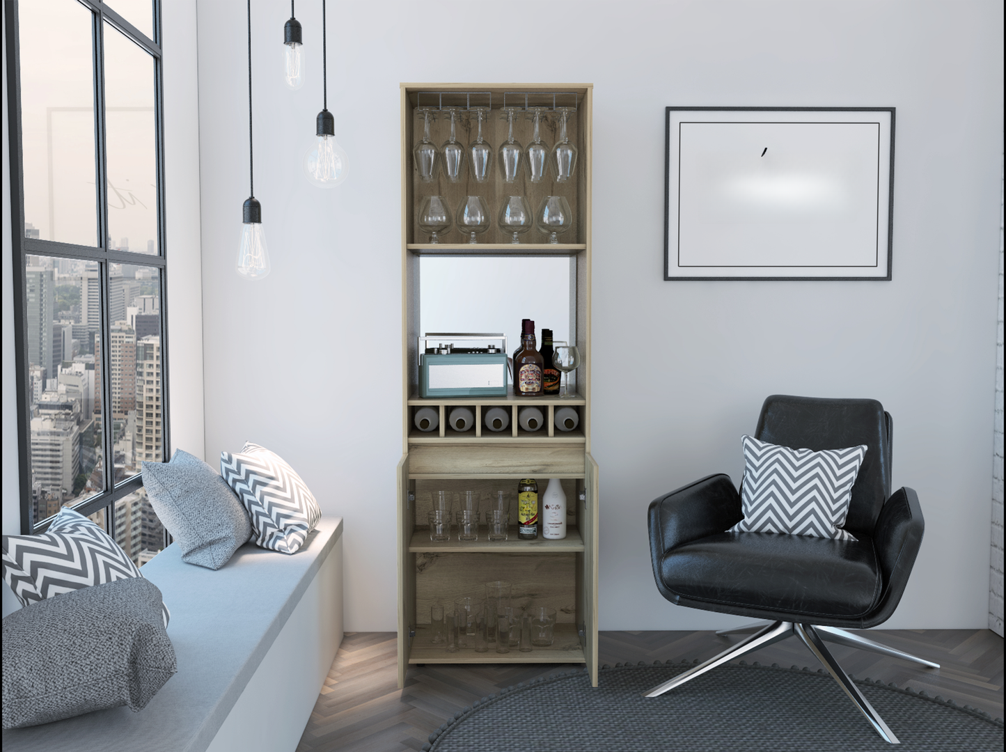 Wooden bar cabinet with glass holders wine rack and shelves for bottles and glassware