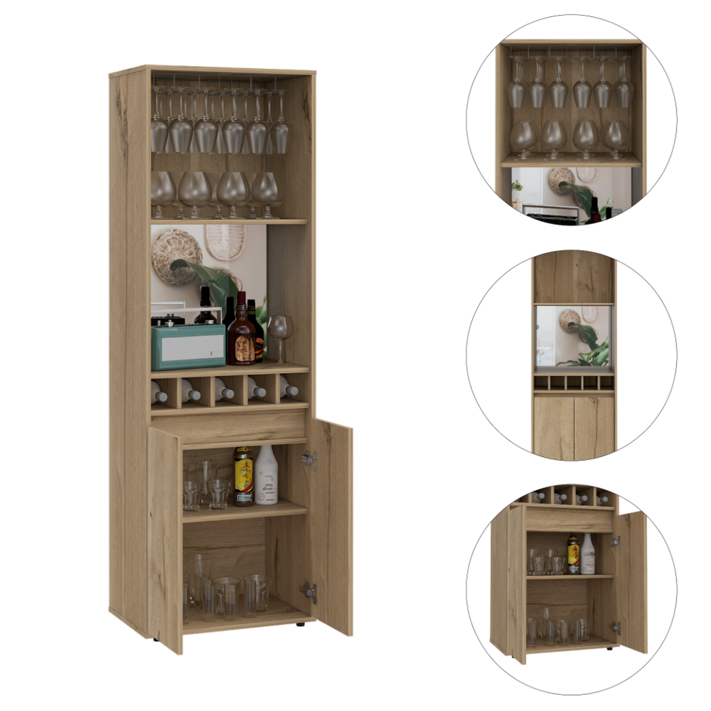 Tall oak wine cabinet with glass rack and bottle storage