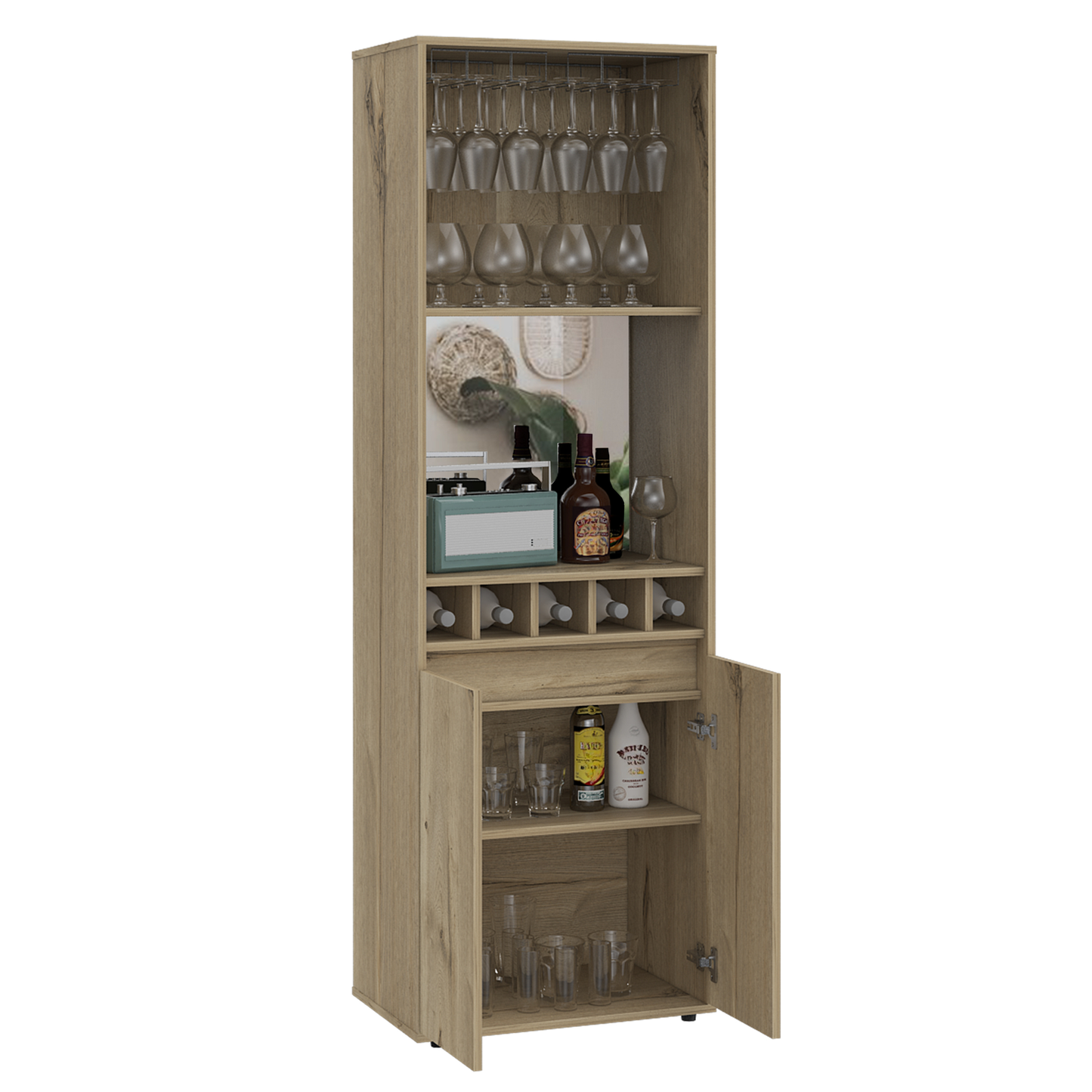 Tall light oak bar cabinet with glass holders and wine rack