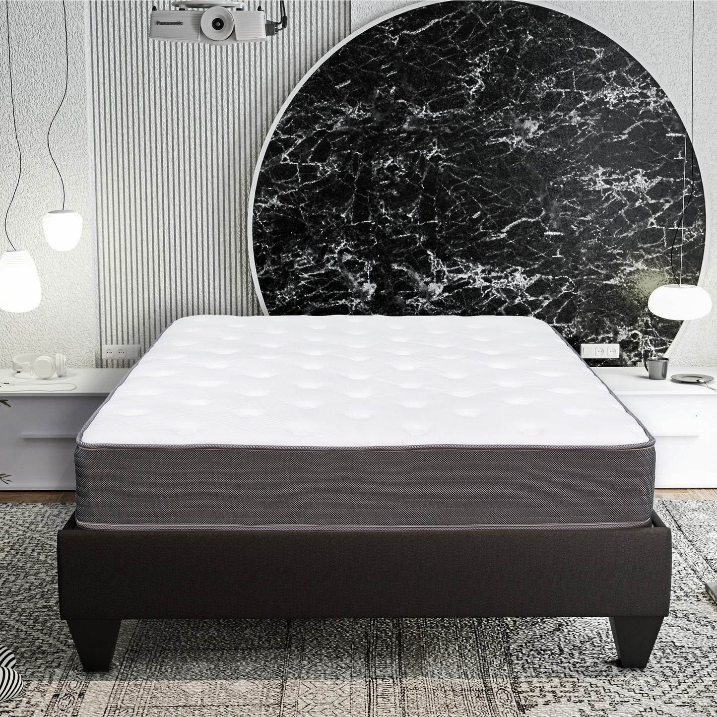 Plush white euro top mattress with gray patterned border on a dark gray bed frame