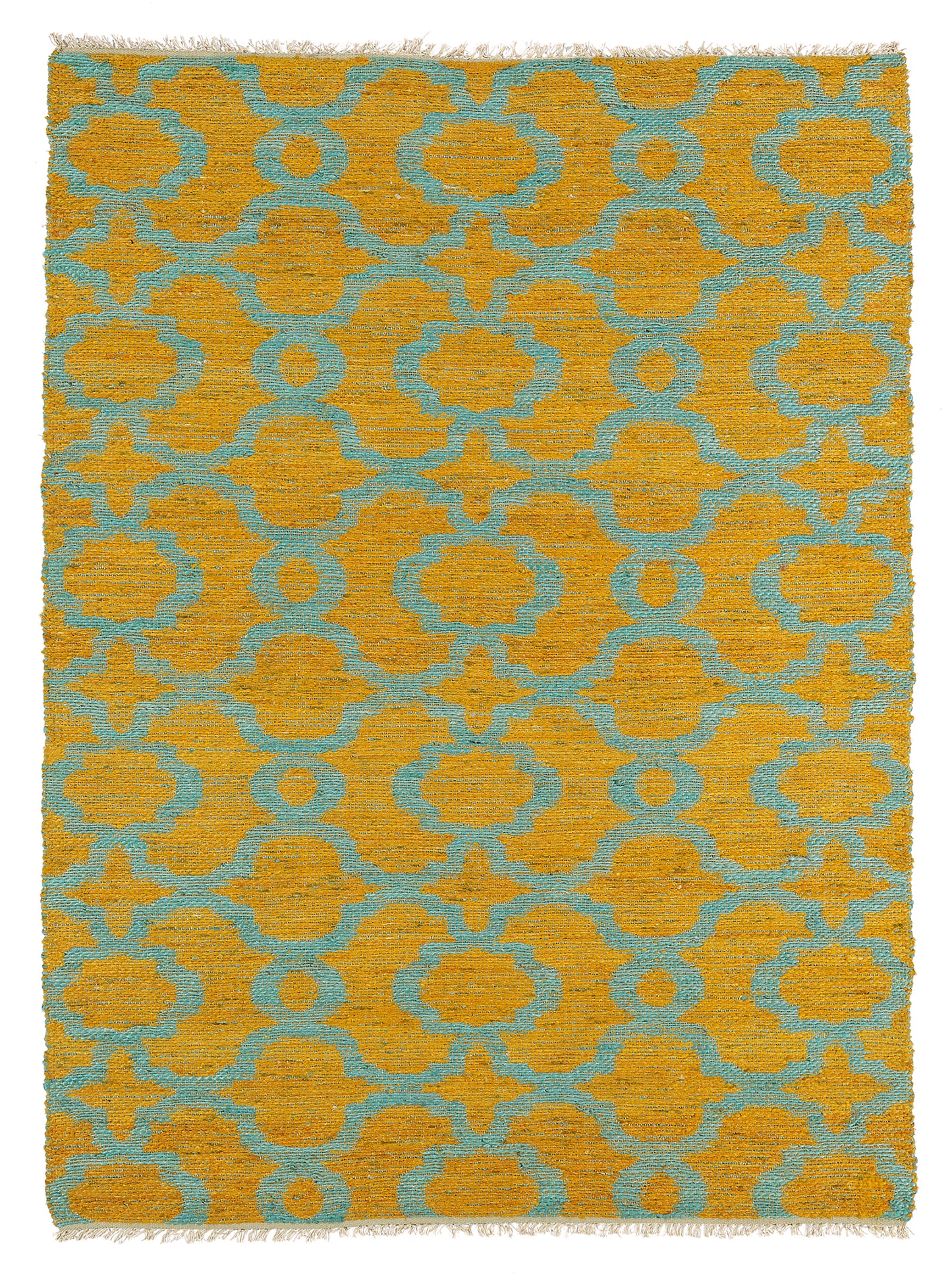 Yellow rug with a geometric blue quatrefoil pattern textured weave and fringed edges