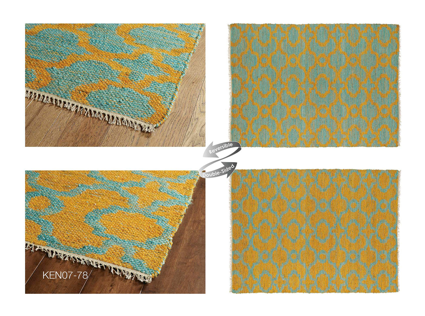 Reversible geometric rug in mustard yellow and teal jute blend living room accent