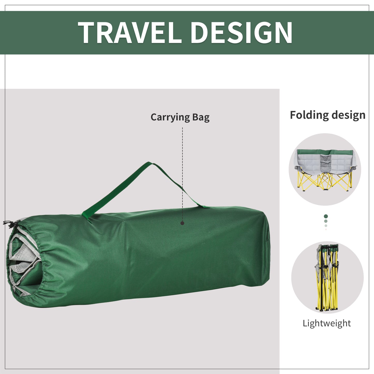 Green fabric carrying bag for a folding camping chair emphasizing travel design