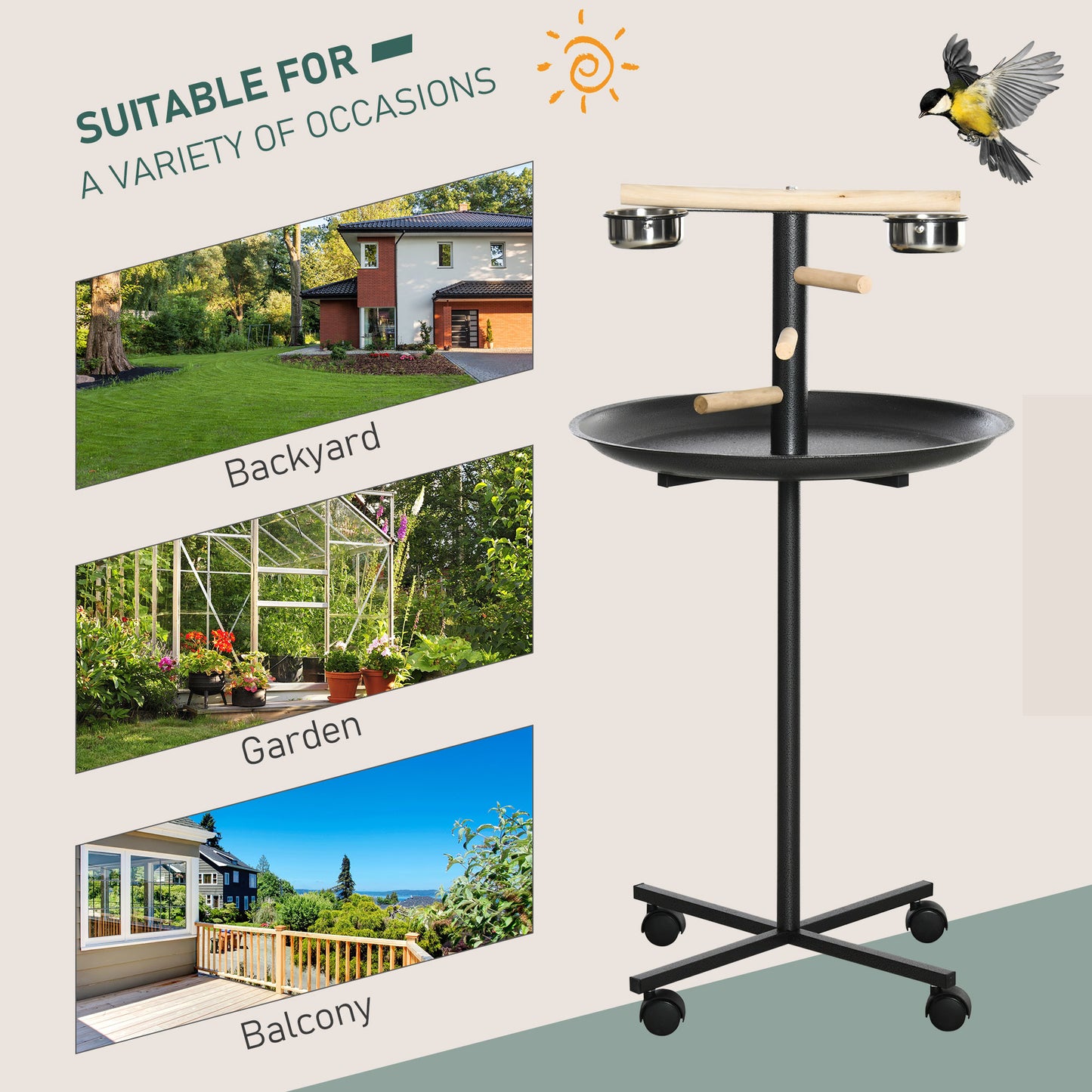 Black metal bird feeder stand with two food bowls and perch in a backyard setting