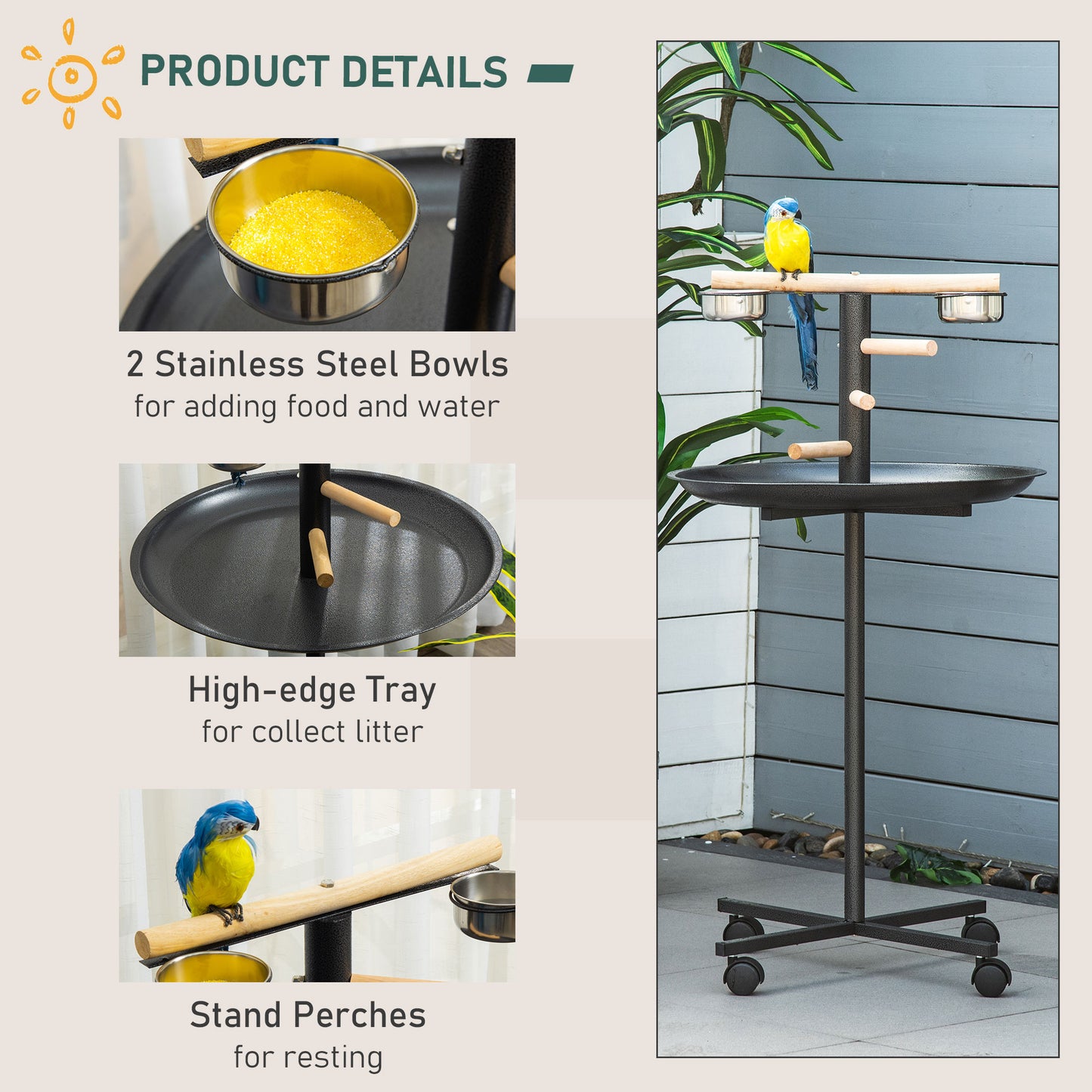 Pet bird stand with two stainless steel bowls for food and water on casters